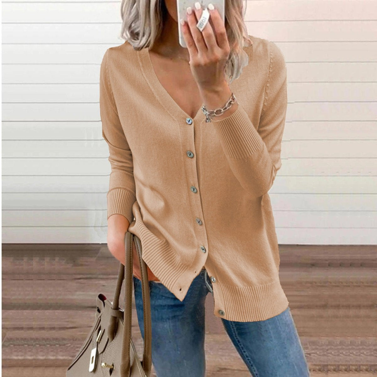 Sophia | Women's V-Neck Button-Front Long Sleeve Knit Cardigan — 8