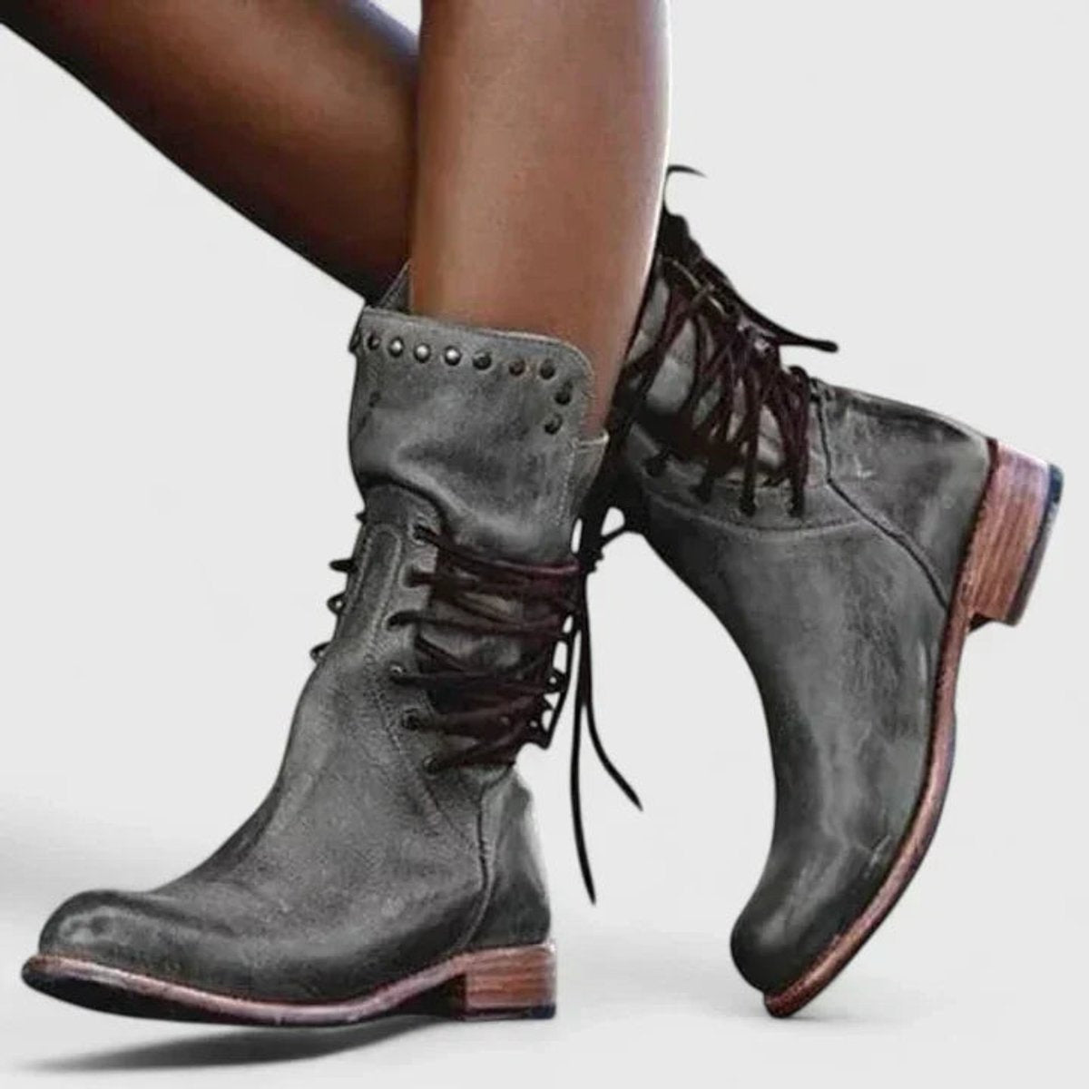 Layla | Women's Vintage Lace-Up Studded Knee High Boots Block Heel — 1