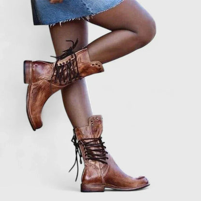 Layla | Women's Vintage Lace-Up Studded Knee High Boots Block Heel — 2