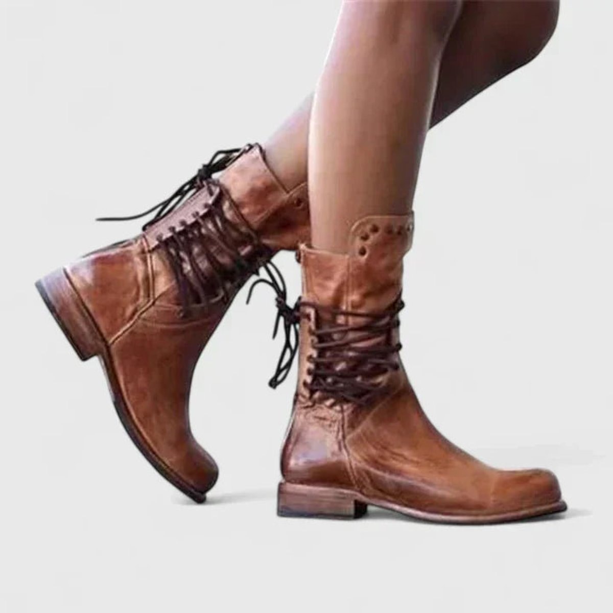 Layla | Women's Vintage Lace-Up Studded Knee High Boots Block Heel — 3