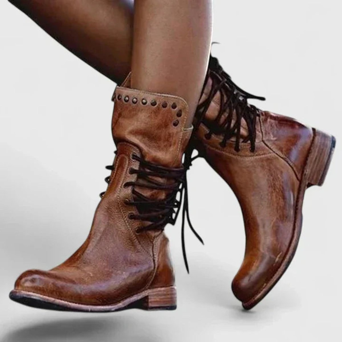 Layla | Women's Vintage Lace-Up Studded Knee High Boots Block Heel — 4