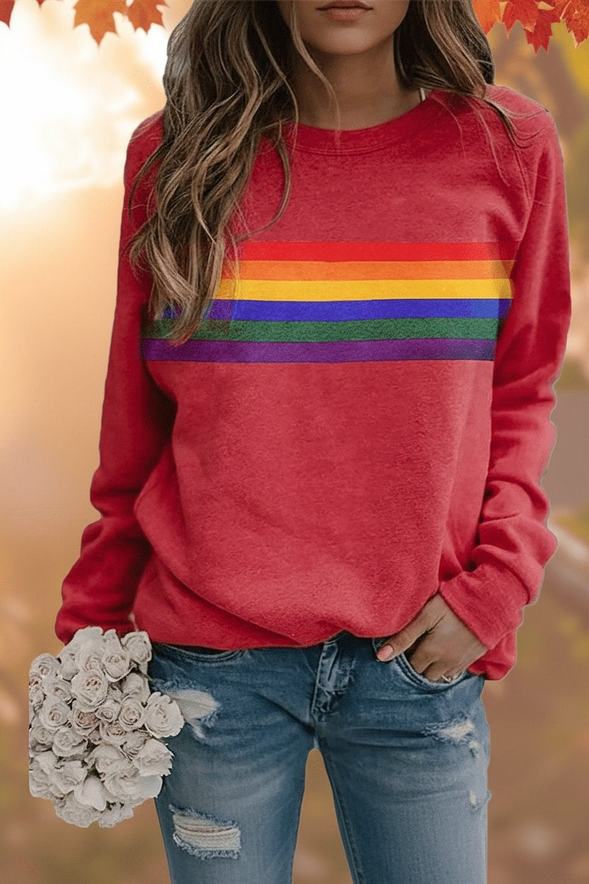 Aria | Women's Vintage Rainbow-Striped Relaxed-Fit Pullover Sweatshirt — 1
