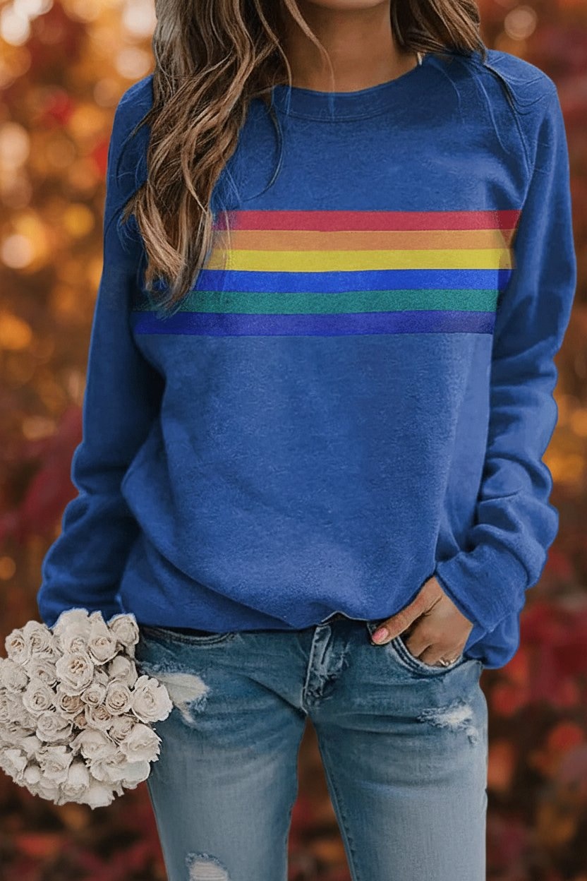 Aria | Women's Vintage Rainbow-Striped Relaxed-Fit Pullover Sweatshirt — 6