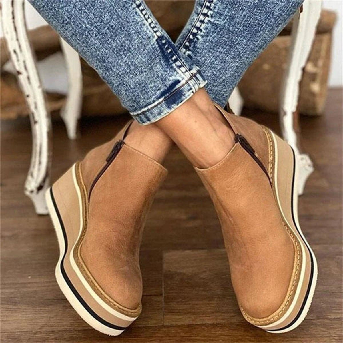 Luna | Women's Wedge Platform Zip-Up Ankle Boots Round Toe — 2