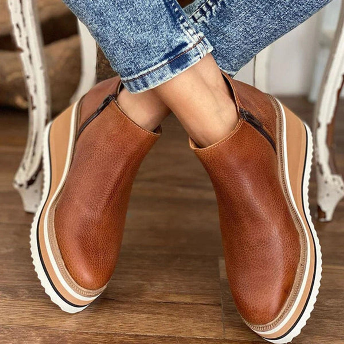 Luna | Women's Wedge Platform Zip-Up Ankle Boots Round Toe — 6