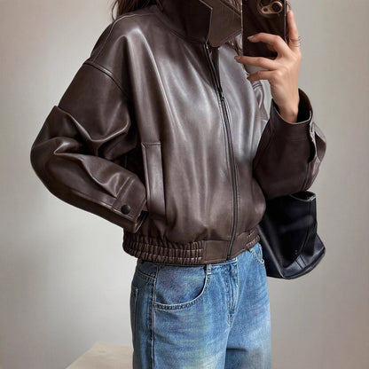 Penelope | Women's Zip-Up Faux Leather Bomber Jacket Long Sleeve — 1